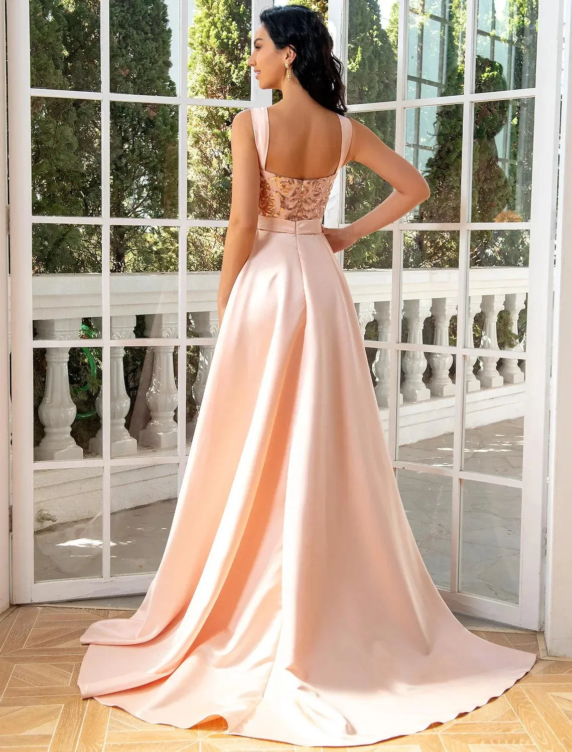 Mermaid / Trumpet Evening Gown Luxurious Dress Wedding Party Floor Length Sleeveless V Neck Detachable Satin with Sequin Slit