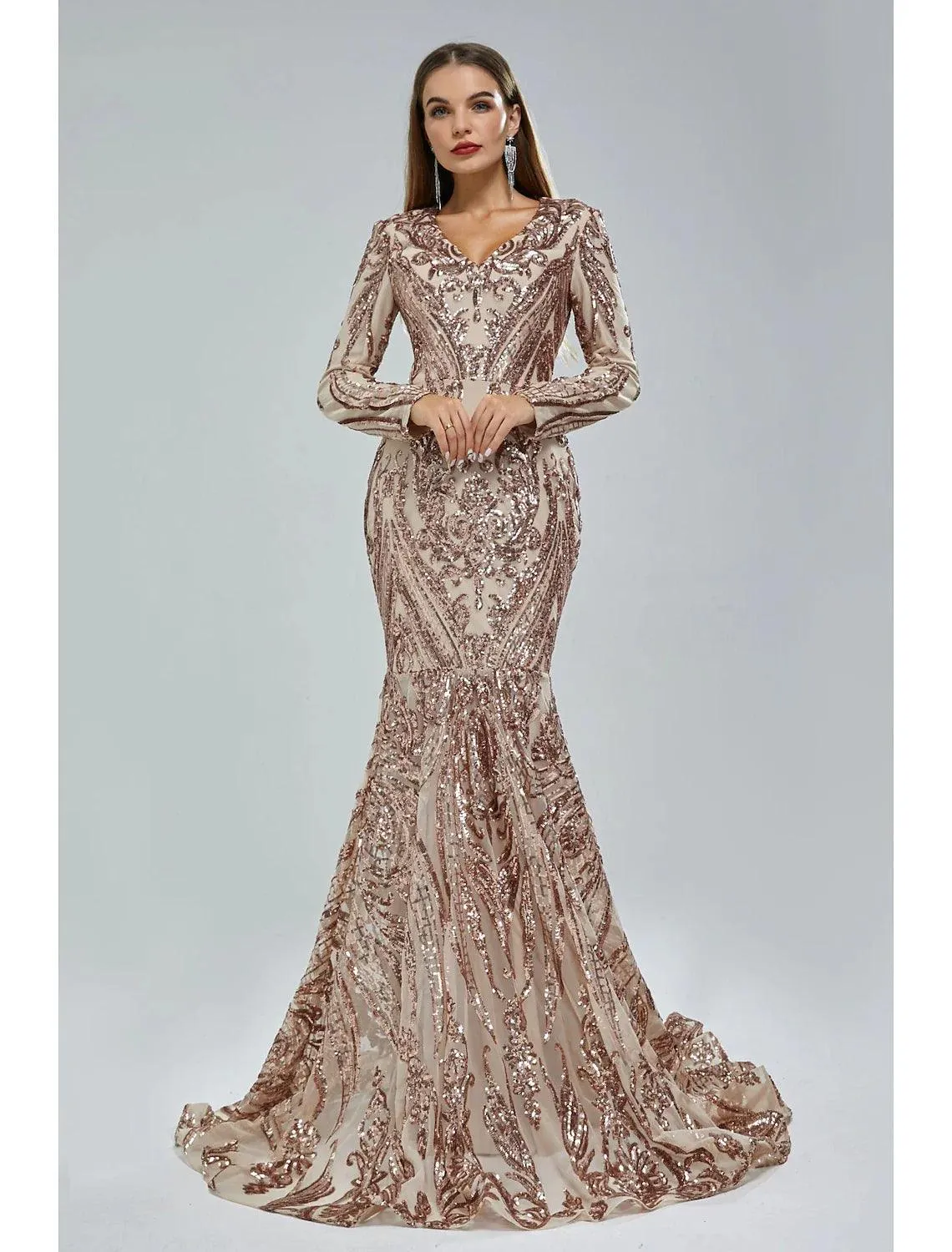 Mermaid / Trumpet Evening Gown Sparkle & Shine Dress Formal Court Train Long Sleeve V Neck African American Lace with Sequin