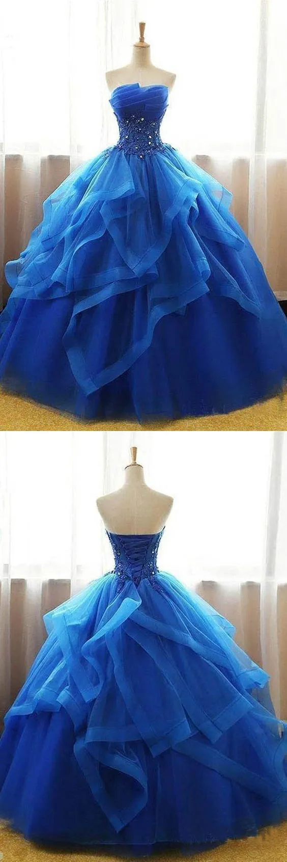 Mexican Organza Strapless Royal Blue Ball Gown Prom Dress Quinceanera Dress