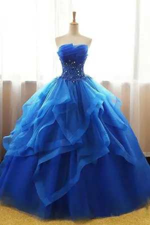 Mexican Organza Strapless Royal Blue Ball Gown Prom Dress Quinceanera Dress