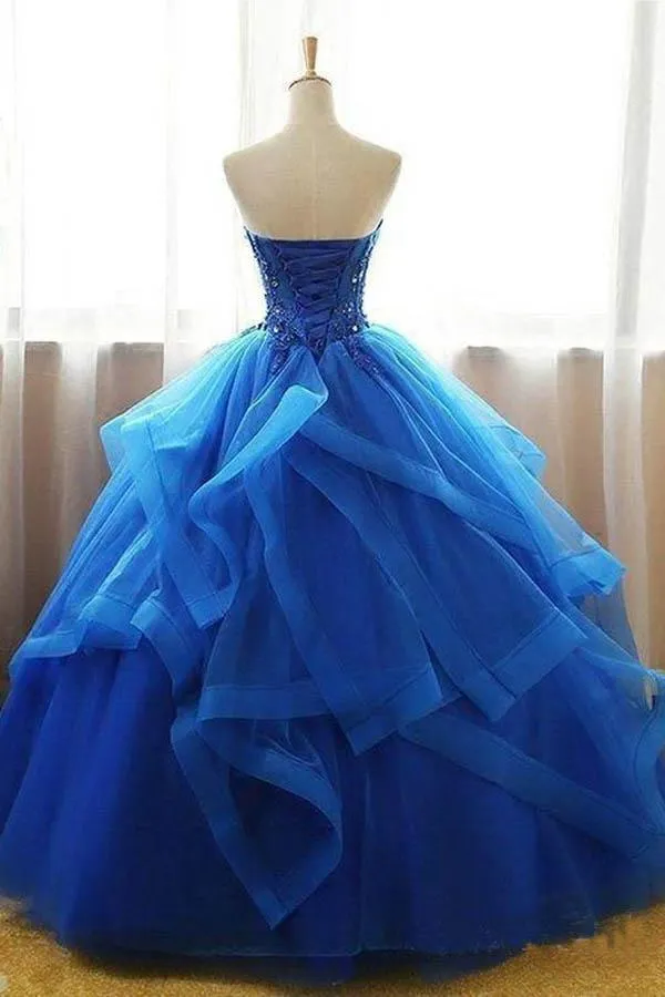 Mexican Organza Strapless Royal Blue Ball Gown Prom Dress Quinceanera Dress