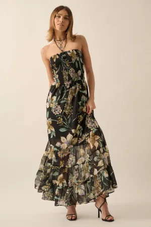 Midnight Blossom Strapless Floral Maxi Dress