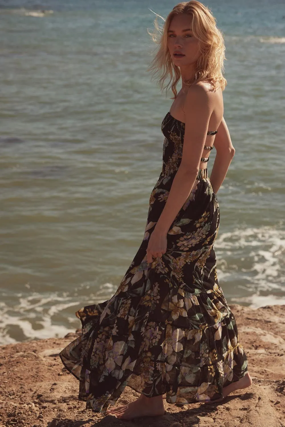 Midnight Blossom Strapless Floral Maxi Dress