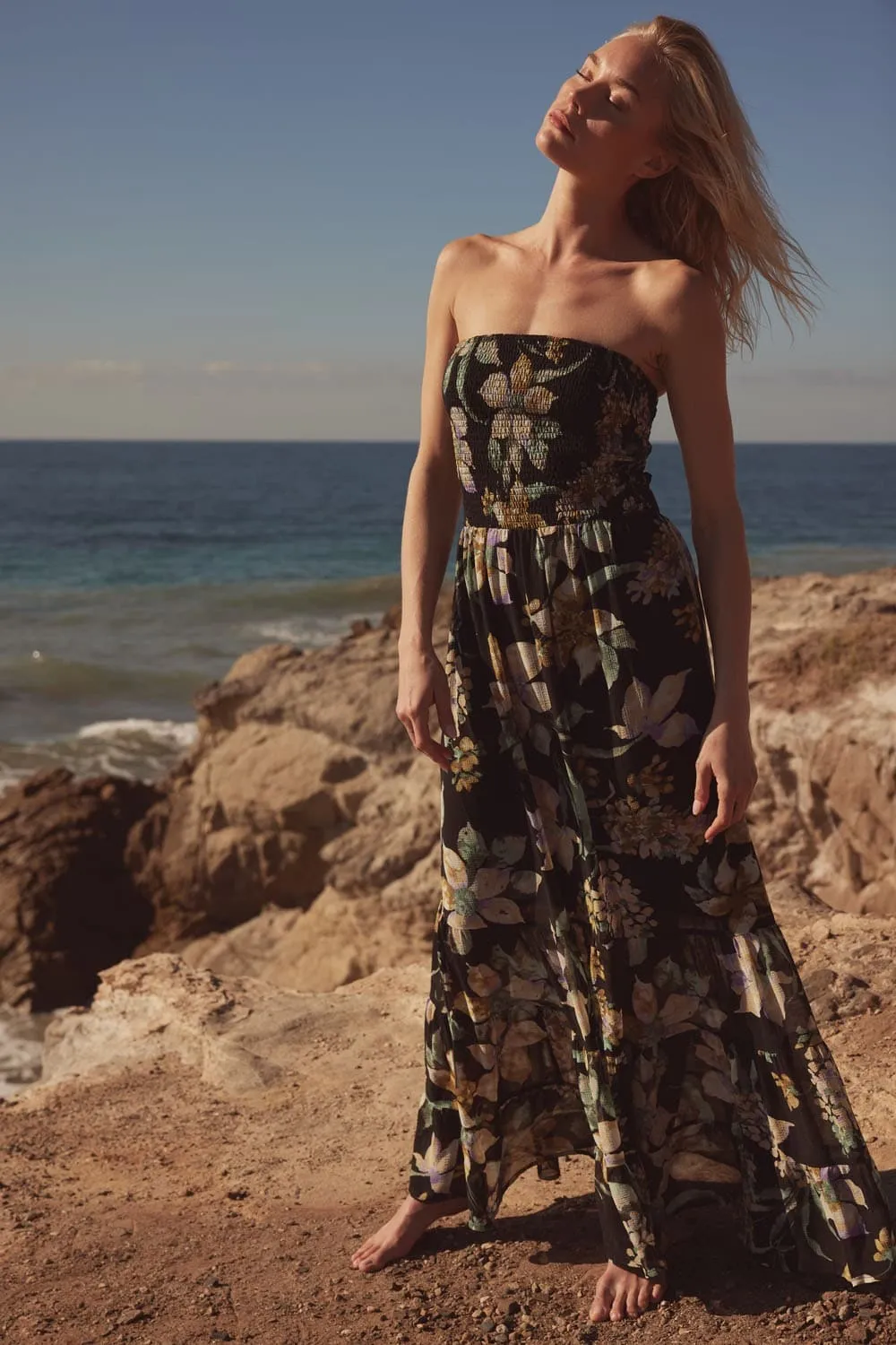 Midnight Blossom Strapless Floral Maxi Dress