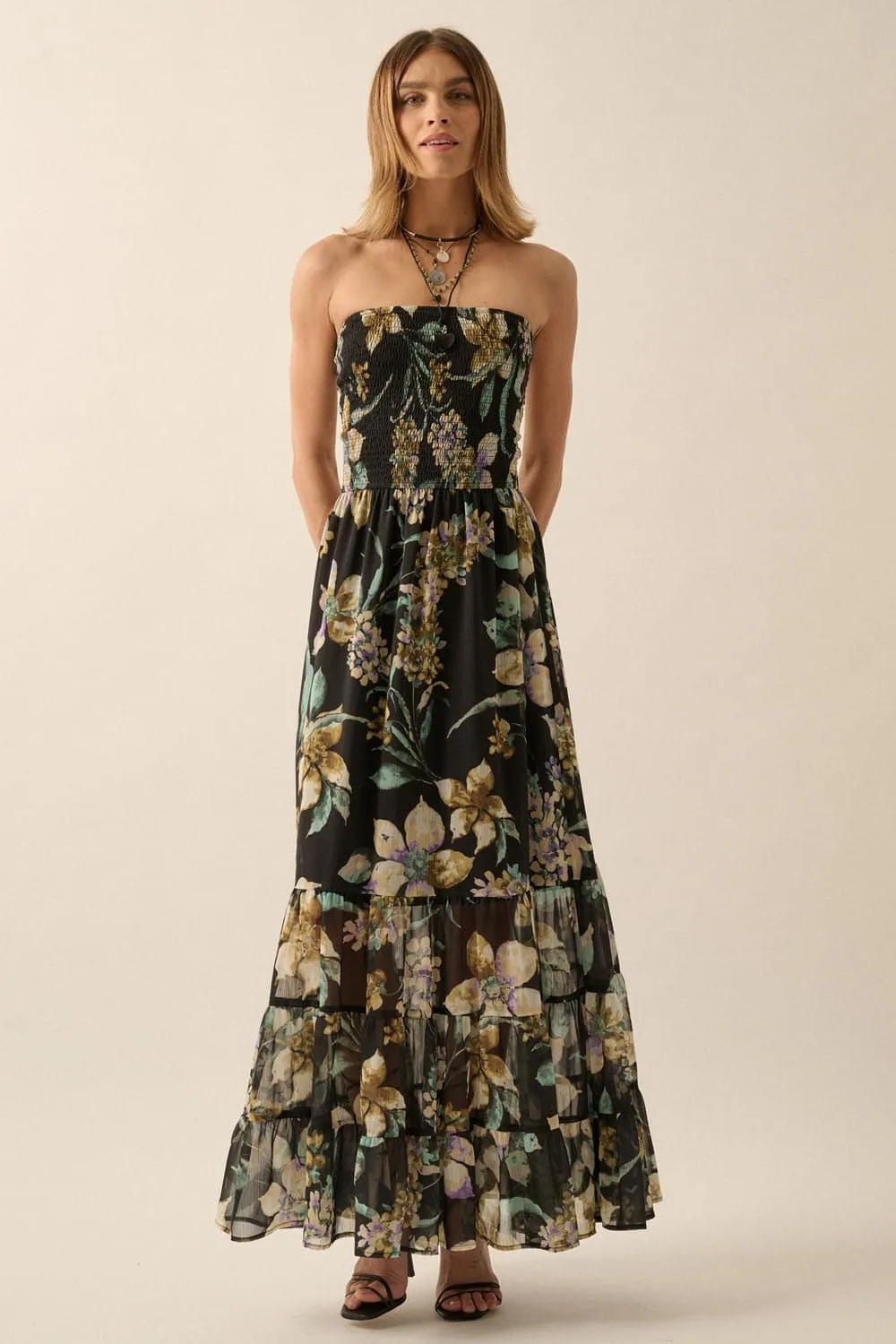 Midnight Blossom Strapless Floral Maxi Dress