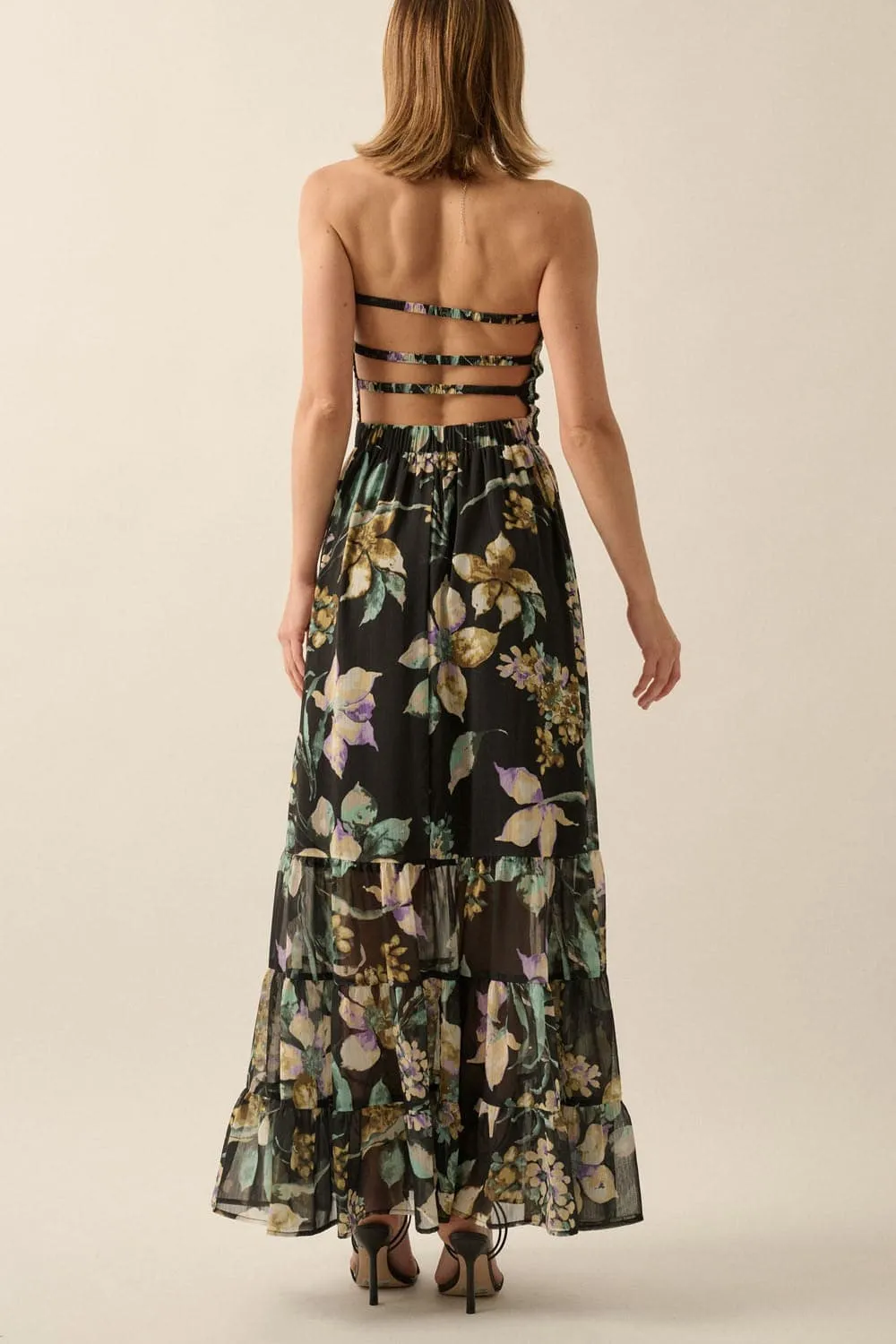 Midnight Blossom Strapless Floral Maxi Dress