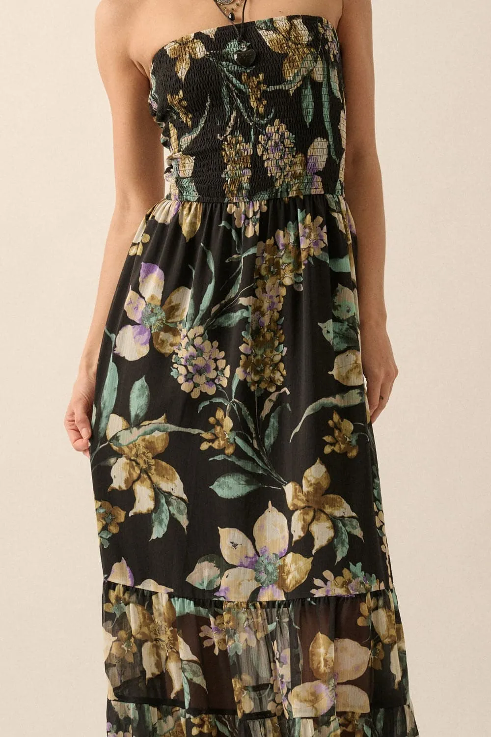 Midnight Blossom Strapless Floral Maxi Dress