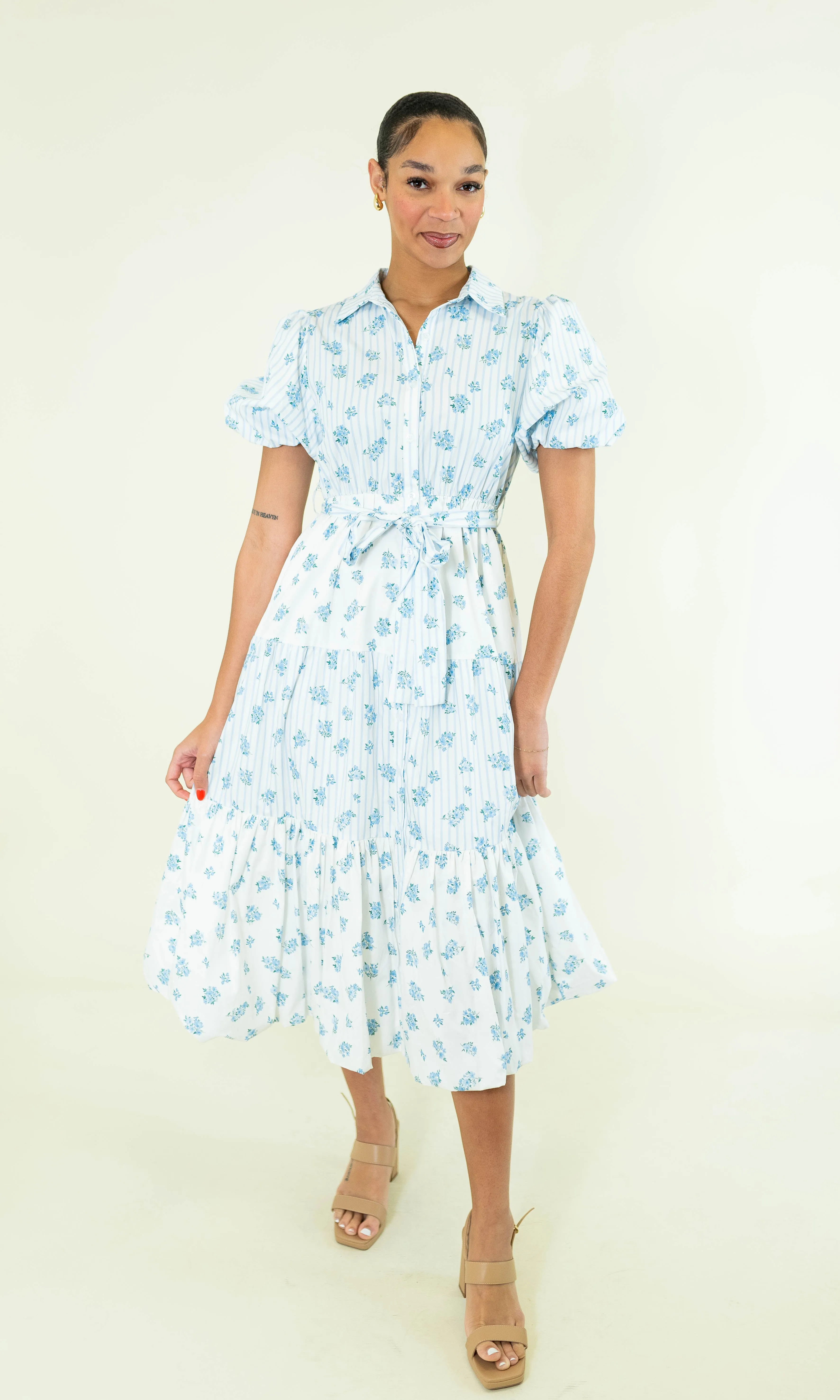 Mixed Stripe & Floral Bubble Hem Midi Dress - Blue