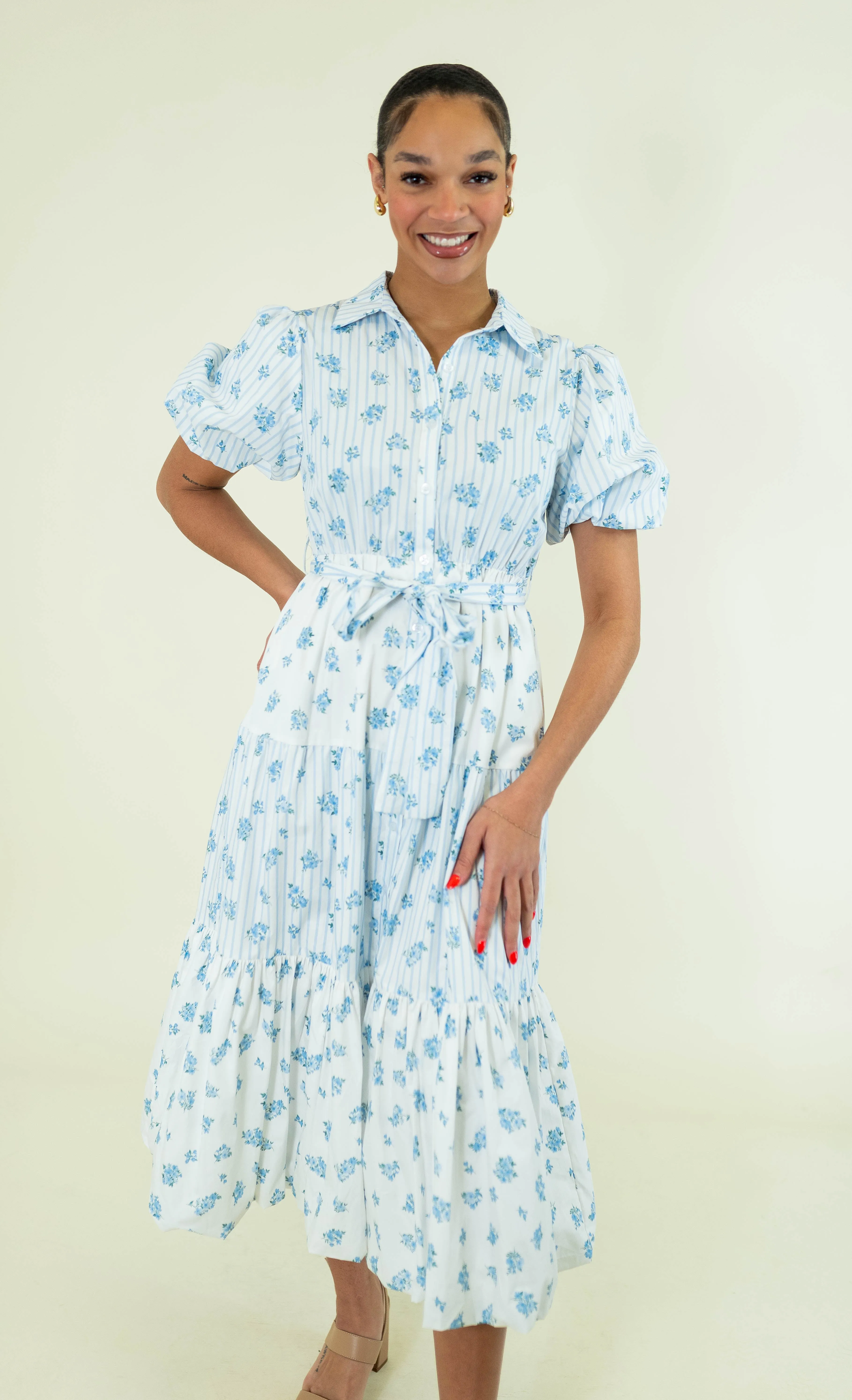 Mixed Stripe & Floral Bubble Hem Midi Dress - Blue