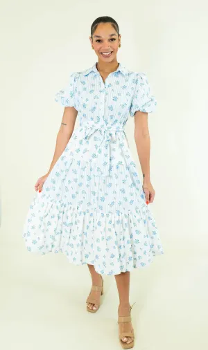 Mixed Stripe & Floral Bubble Hem Midi Dress - Blue
