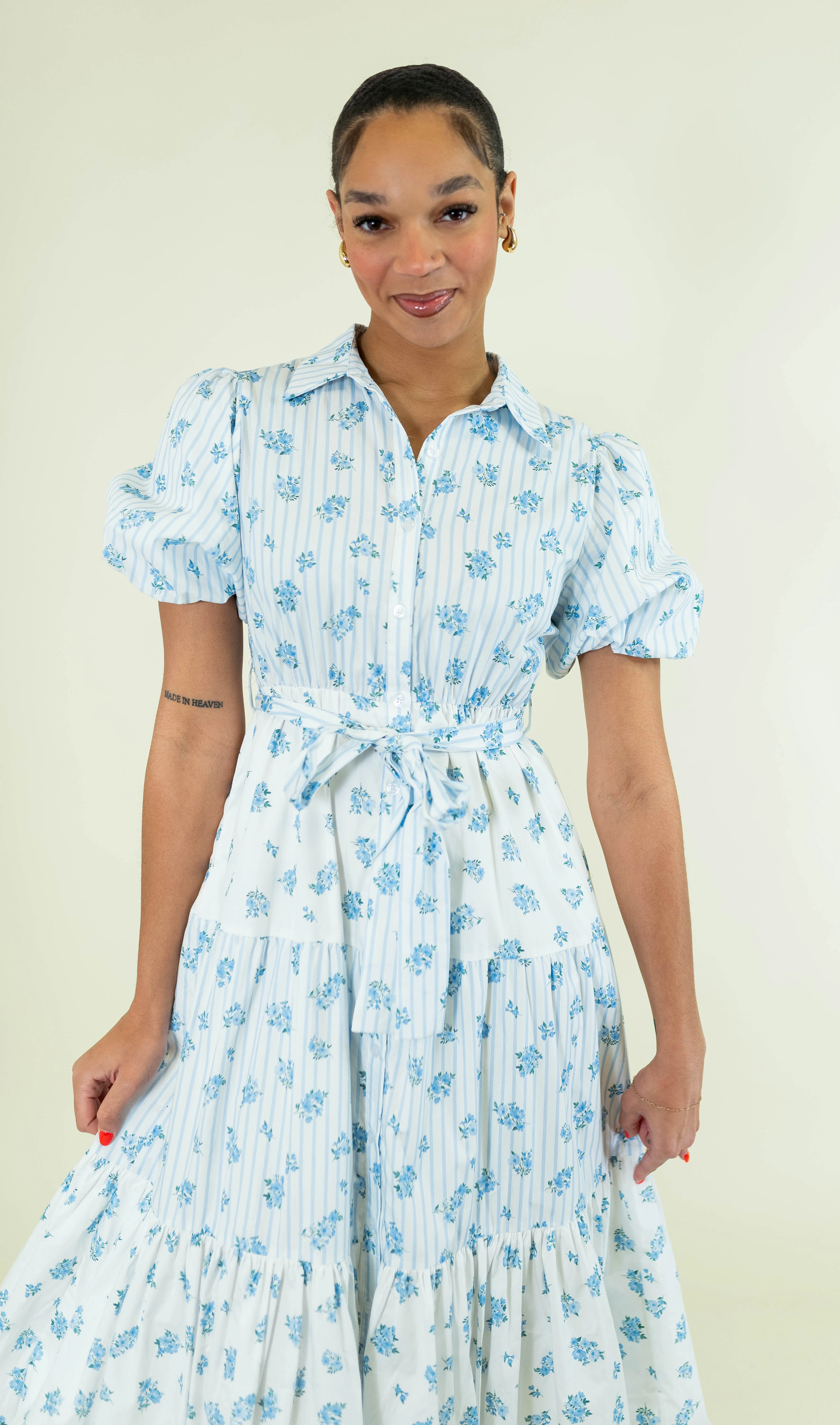 Mixed Stripe & Floral Bubble Hem Midi Dress - Blue