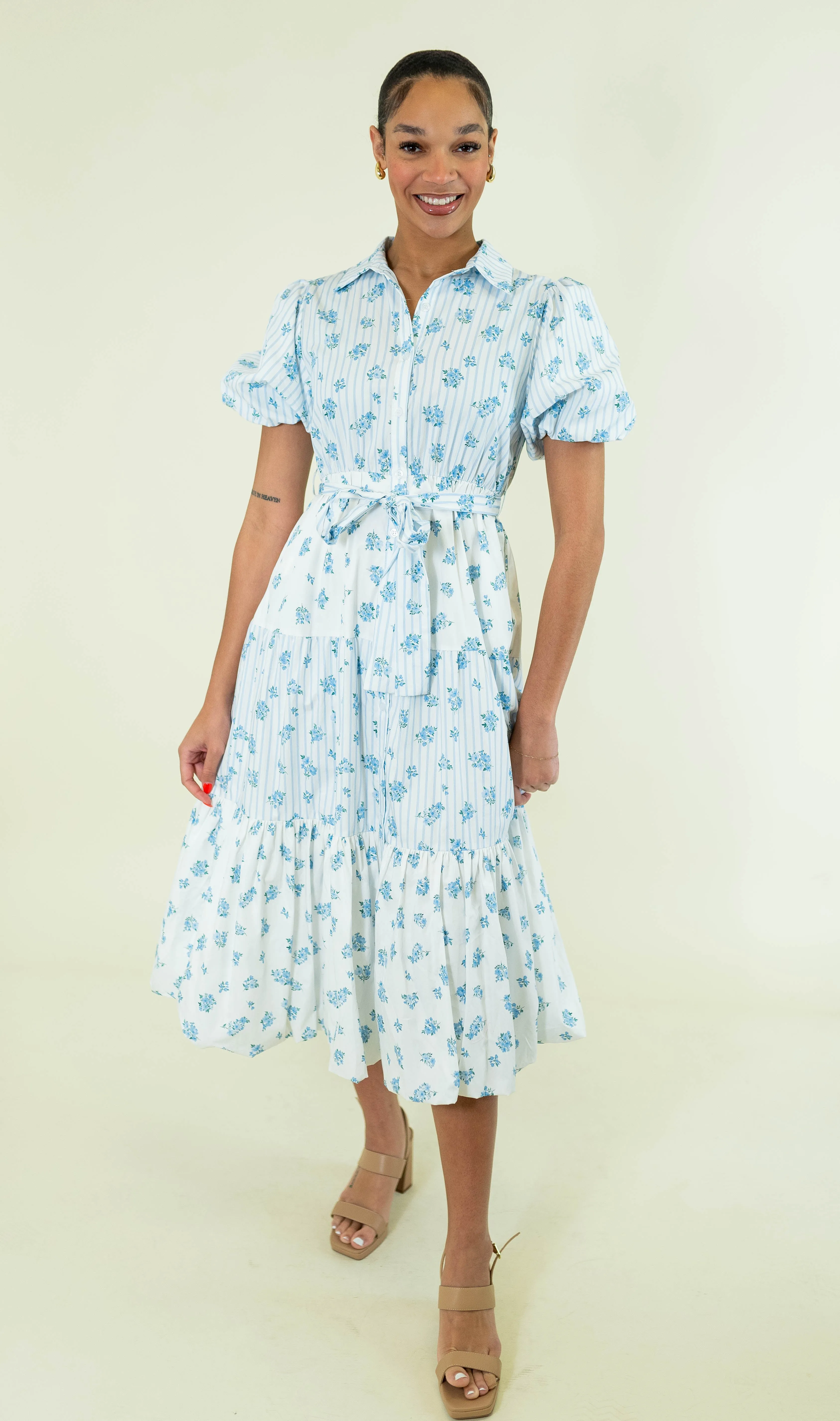 Mixed Stripe & Floral Bubble Hem Midi Dress - Blue