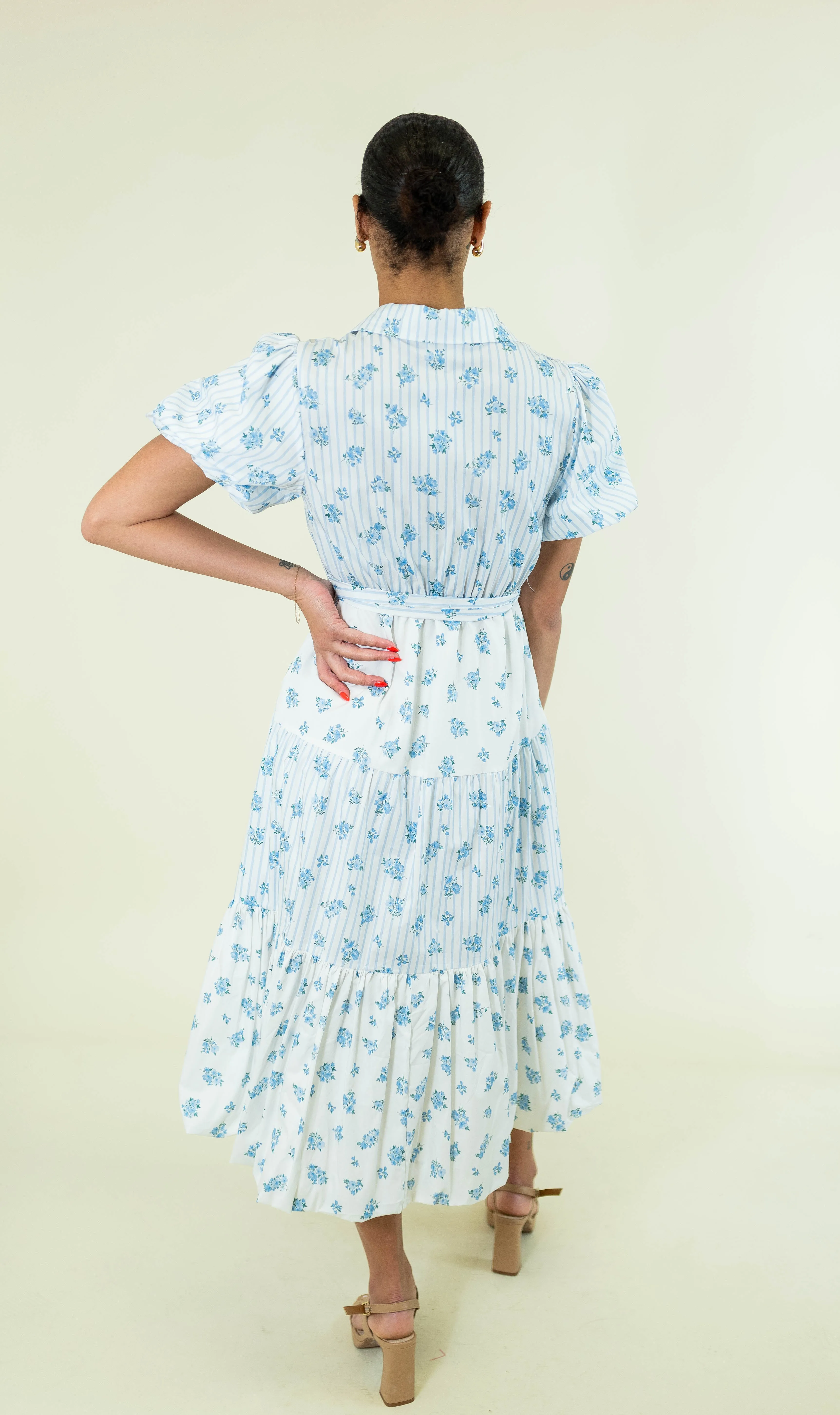 Mixed Stripe & Floral Bubble Hem Midi Dress - Blue
