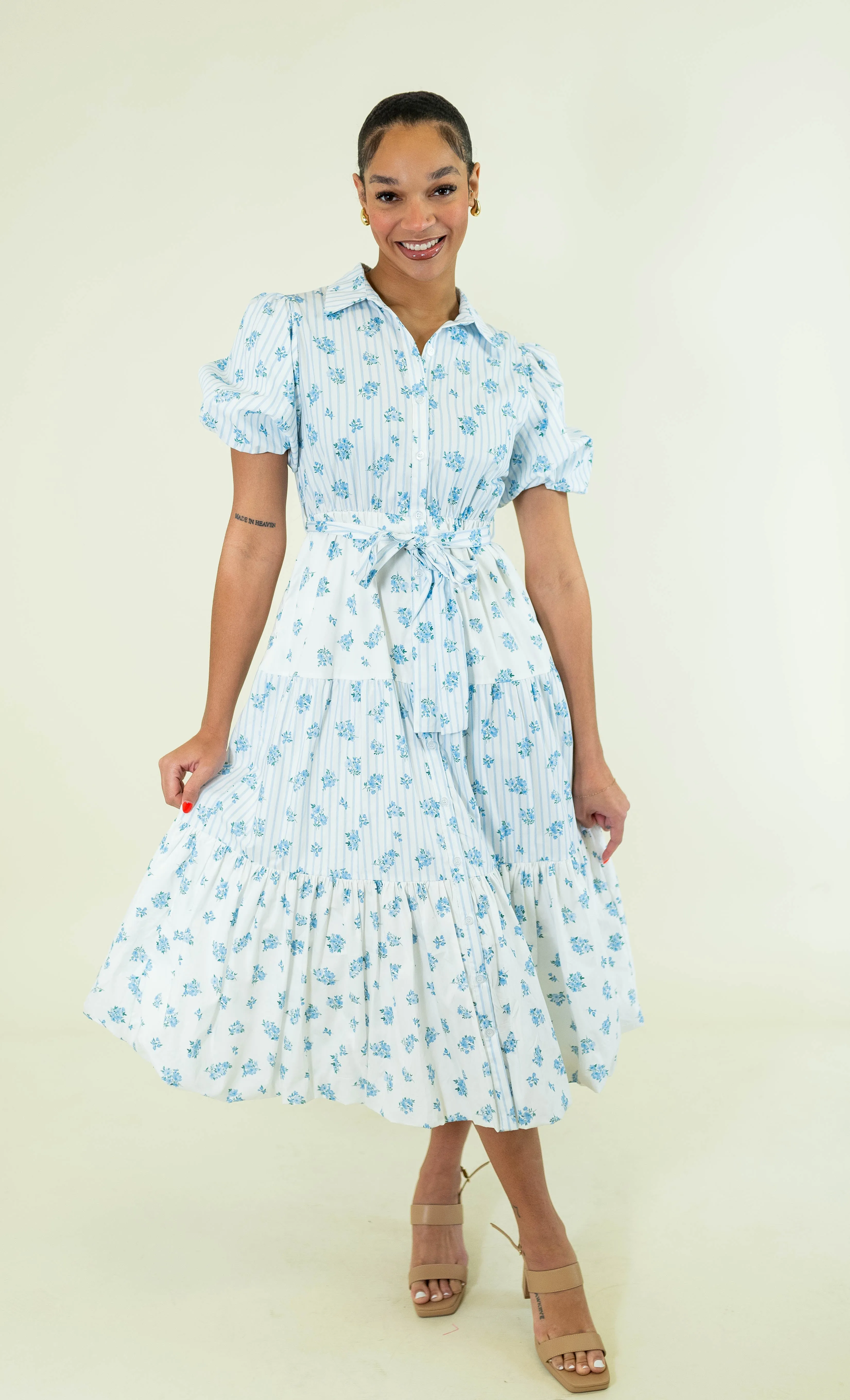 Mixed Stripe & Floral Bubble Hem Midi Dress - Blue