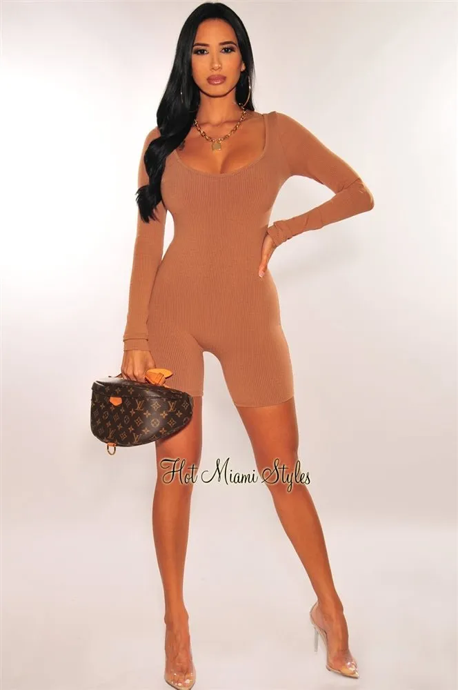 Mocha Ribbed Knit Round Neck Long Sleeves Romper
