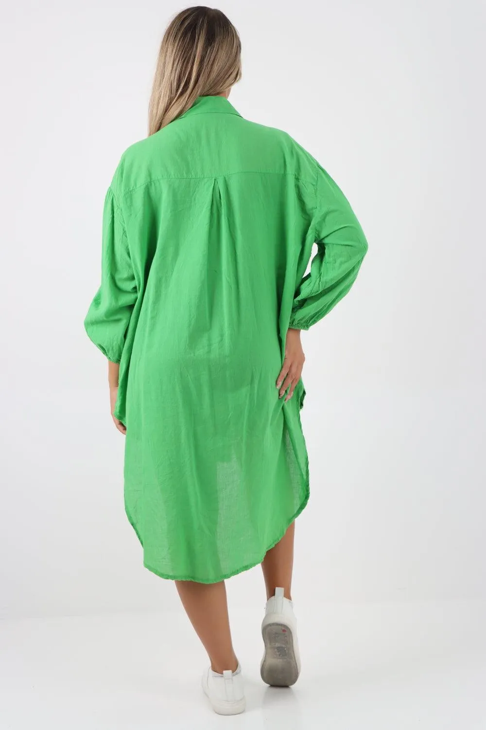 Multi Heart Print Dip Hem Button Down Cotton Shirt Dress