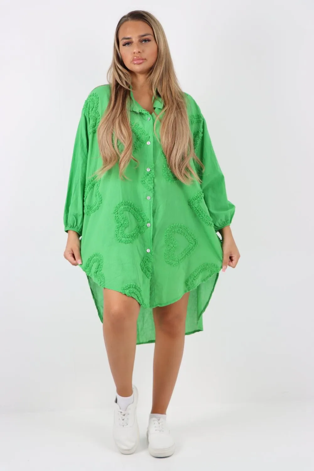 Multi Heart Print Dip Hem Button Down Cotton Shirt Dress