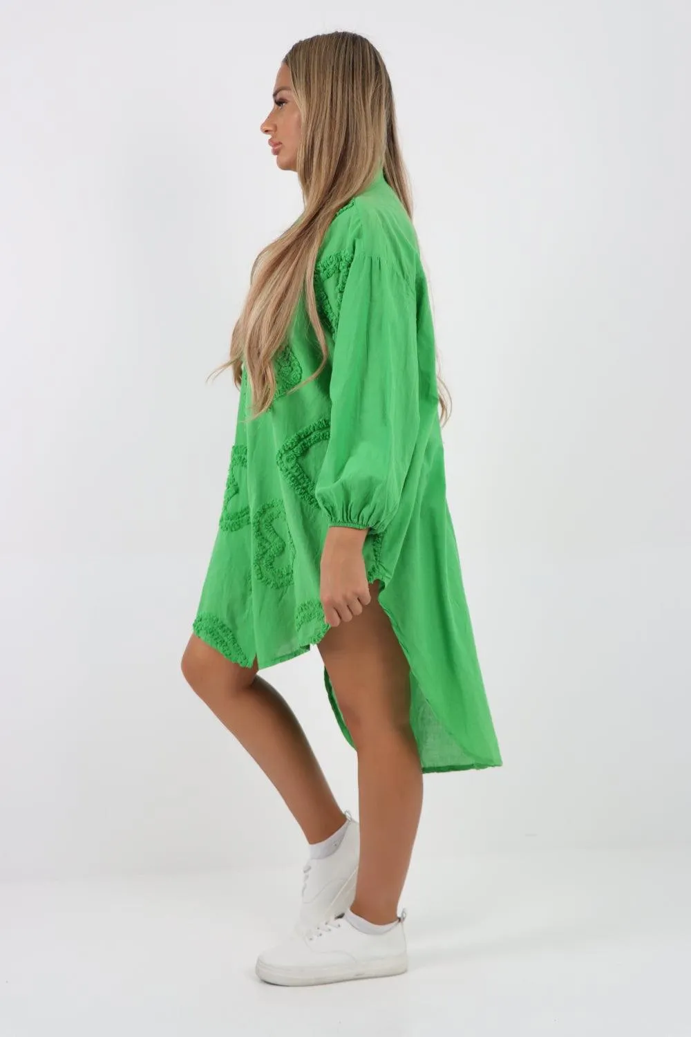 Multi Heart Print Dip Hem Button Down Cotton Shirt Dress