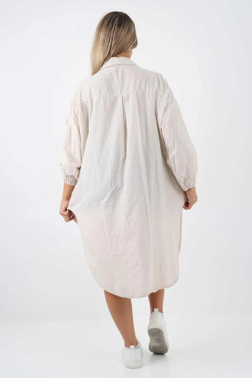 Multi Heart Print Dip Hem Button Down Cotton Shirt Dress