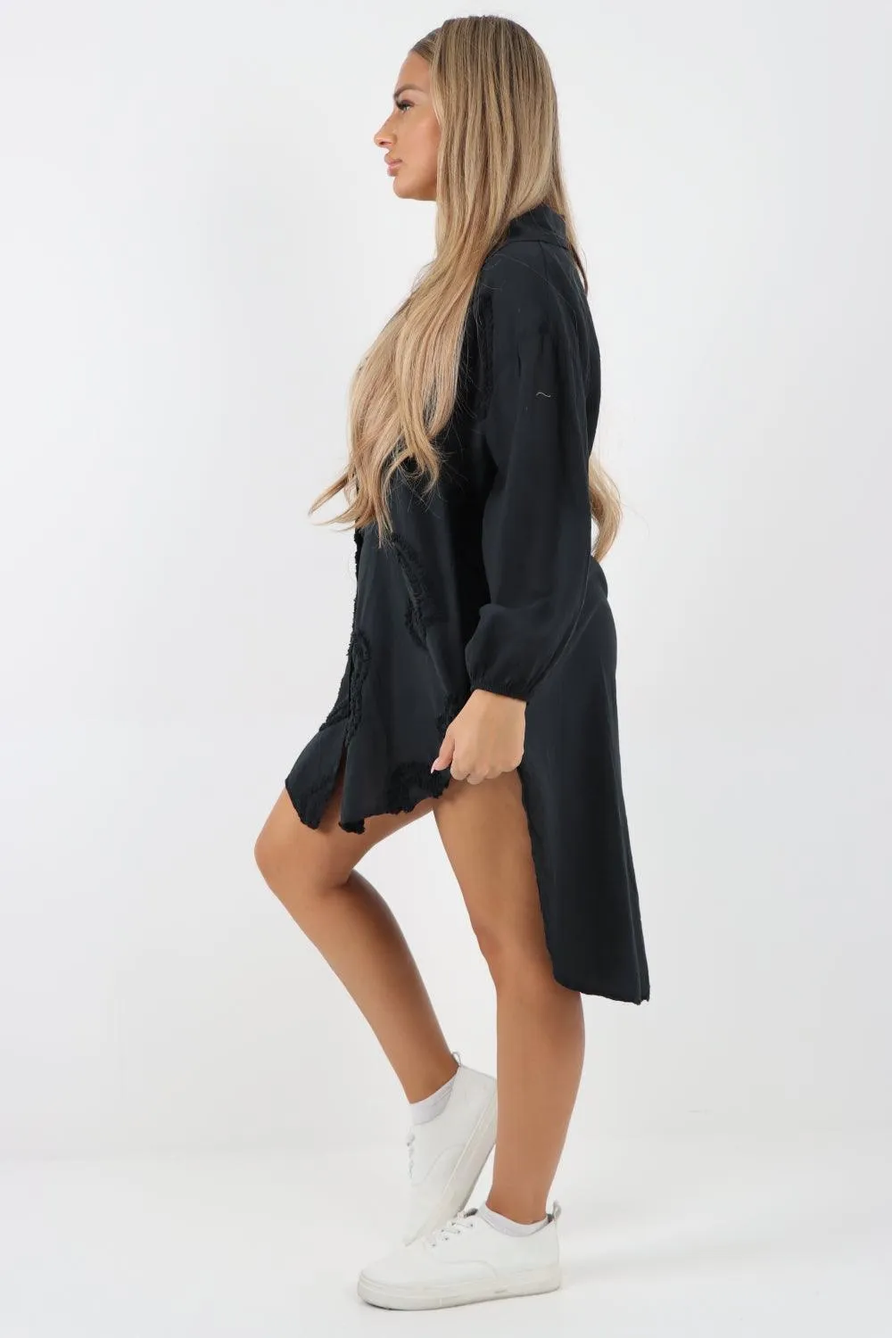 Multi Heart Print Dip Hem Button Down Cotton Shirt Dress