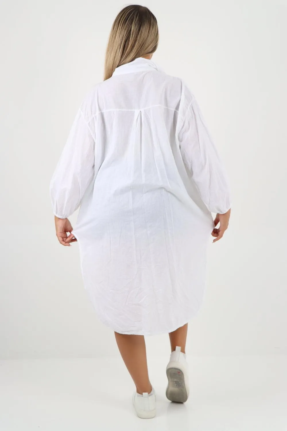 Multi Heart Print Dip Hem Button Down Cotton Shirt Dress