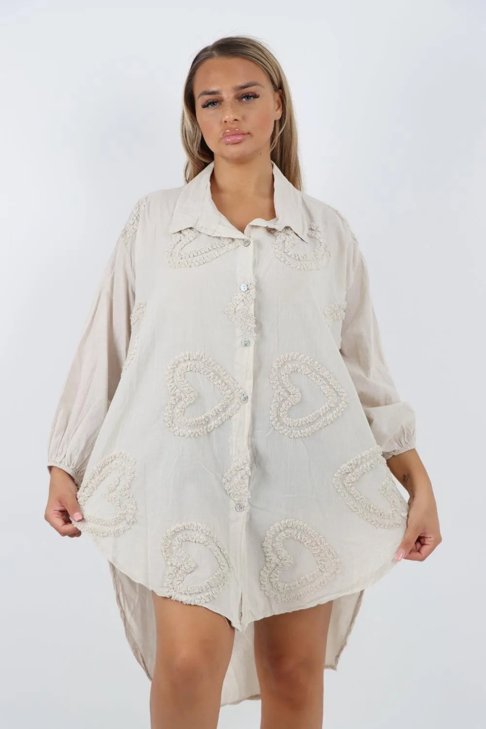 Multi Heart Print Dip Hem Button Down Cotton Shirt Dress