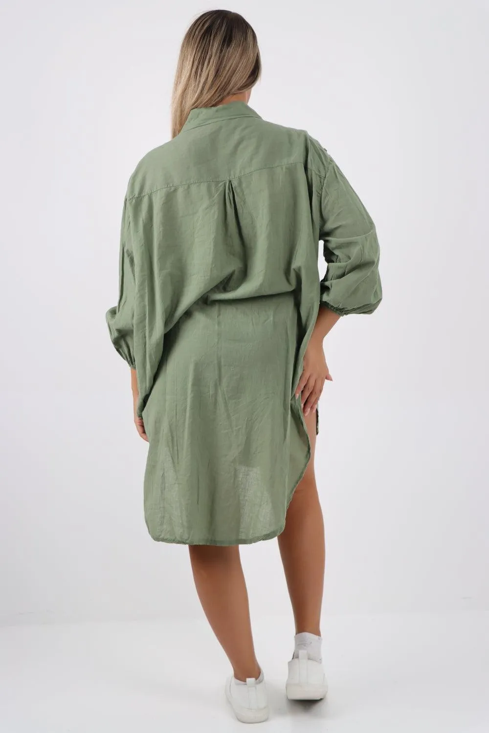 Multi Heart Print Dip Hem Button Down Cotton Shirt Dress