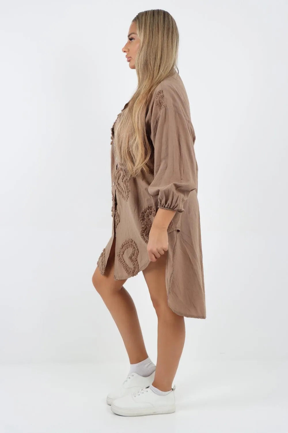 Multi Heart Print Dip Hem Button Down Cotton Shirt Dress