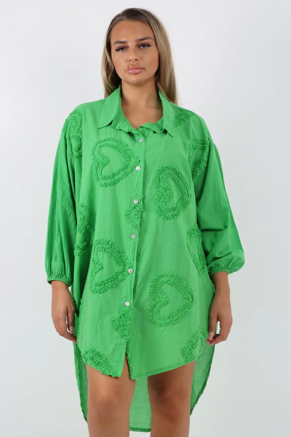 Multi Heart Print Dip Hem Button Down Cotton Shirt Dress