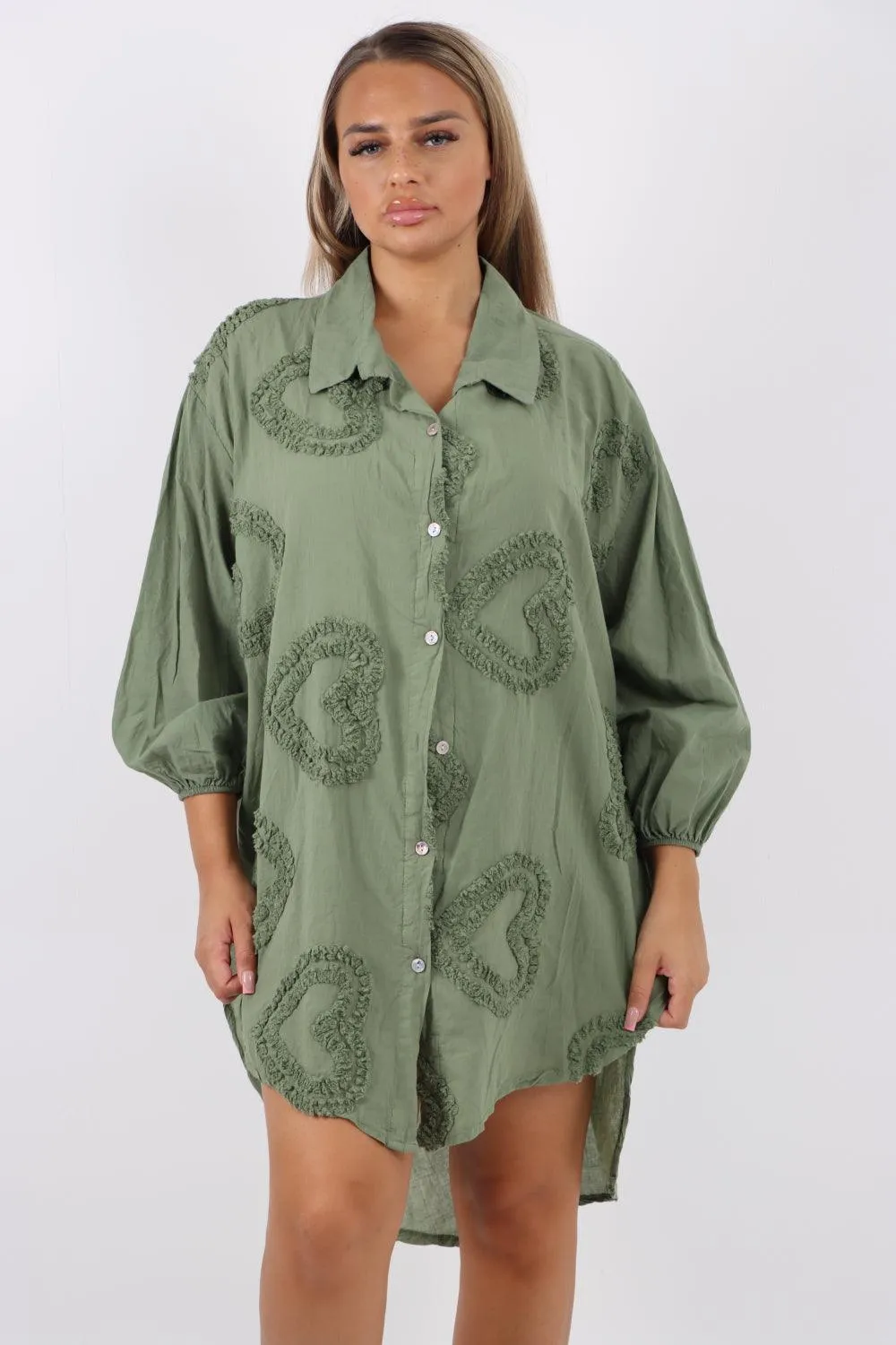 Multi Heart Print Dip Hem Button Down Cotton Shirt Dress