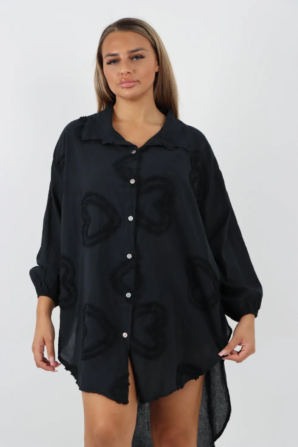 Multi Heart Print Dip Hem Button Down Cotton Shirt Dress