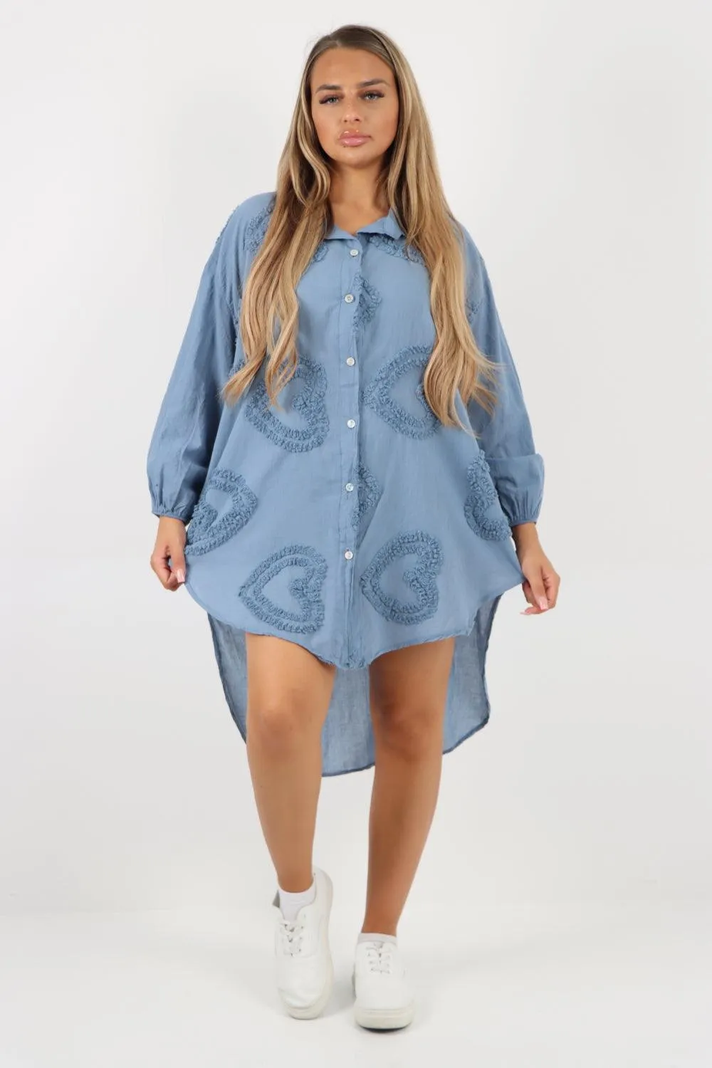 Multi Heart Print Dip Hem Button Down Cotton Shirt Dress