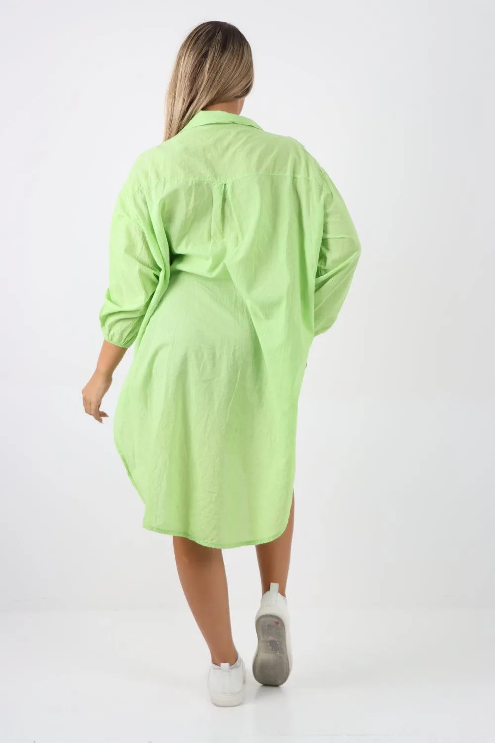 Multi Heart Print Dip Hem Button Down Cotton Shirt Dress