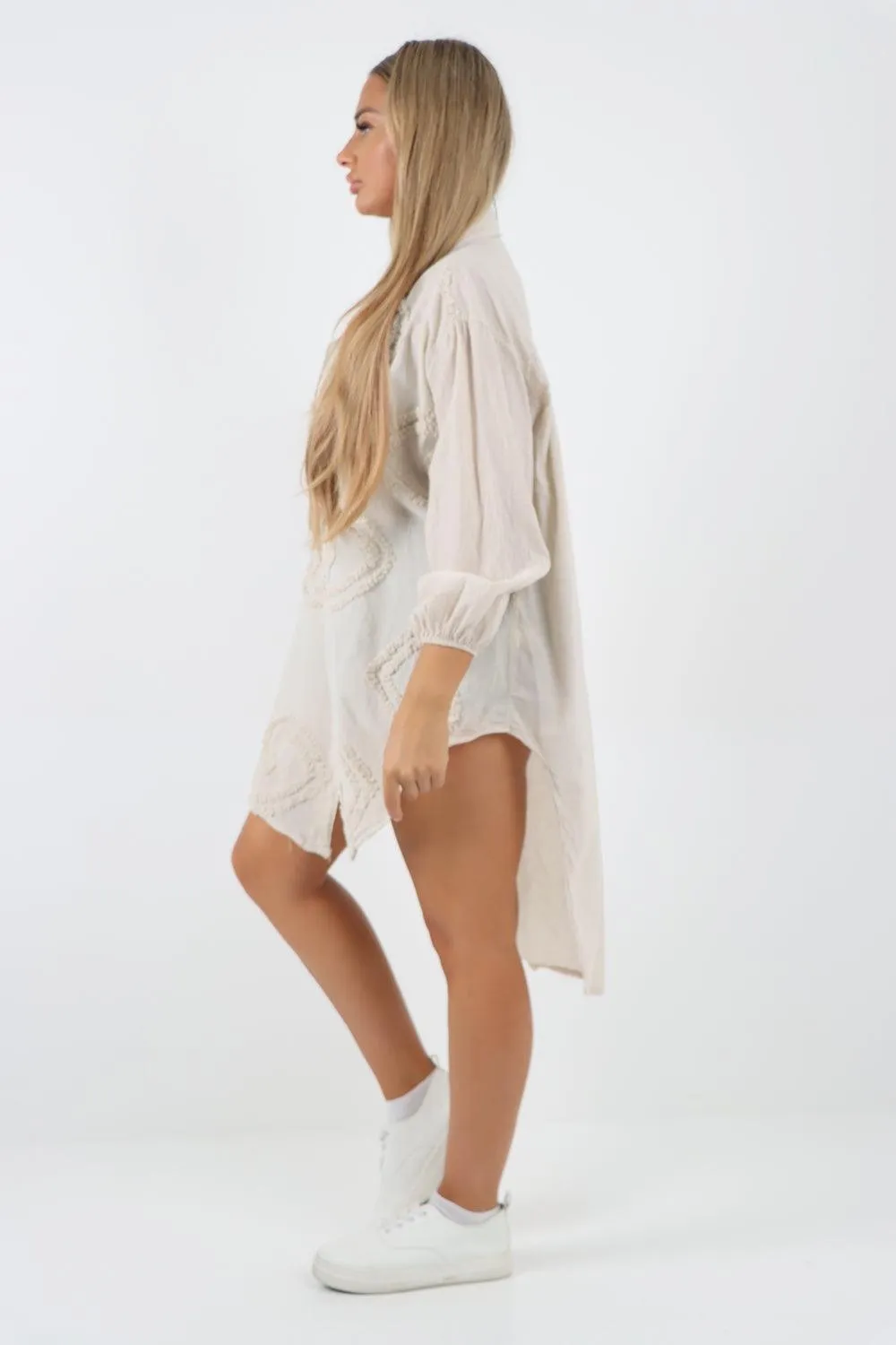Multi Heart Print Dip Hem Button Down Cotton Shirt Dress