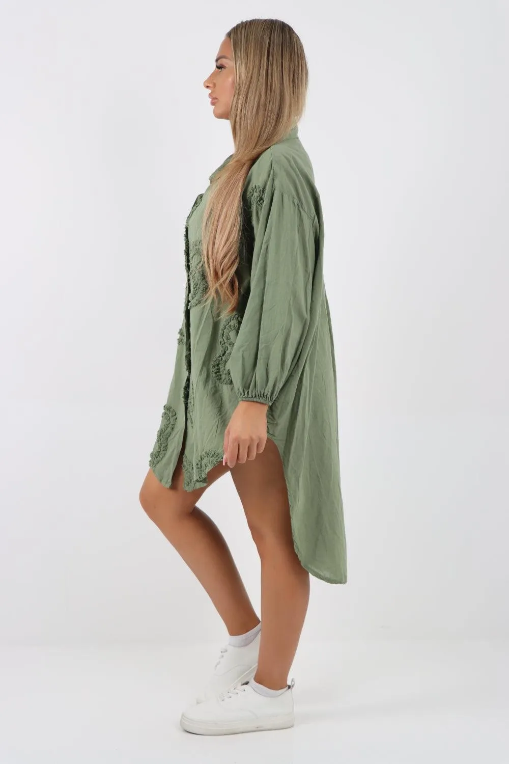 Multi Heart Print Dip Hem Button Down Cotton Shirt Dress