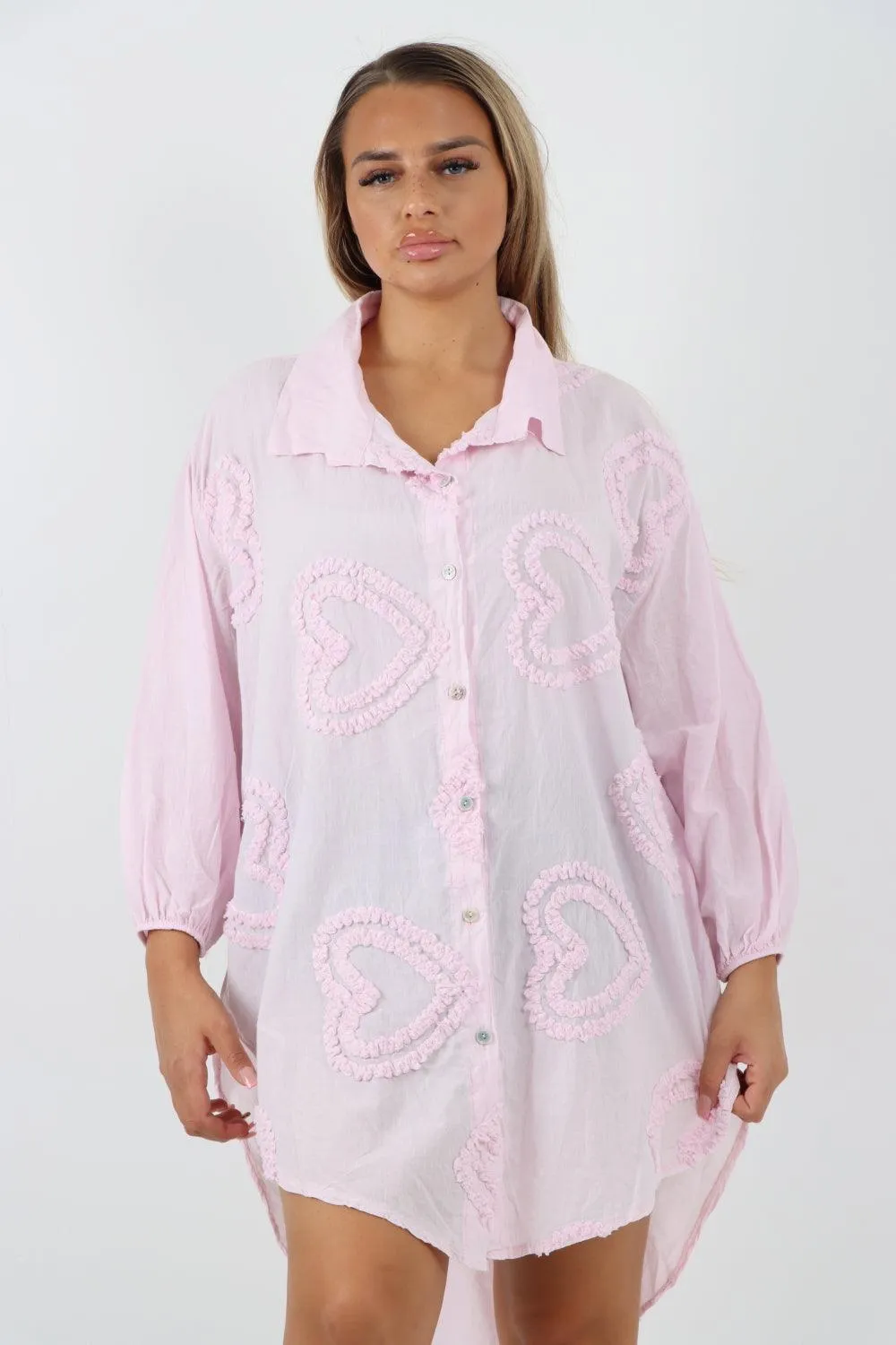 Multi Heart Print Dip Hem Button Down Cotton Shirt Dress