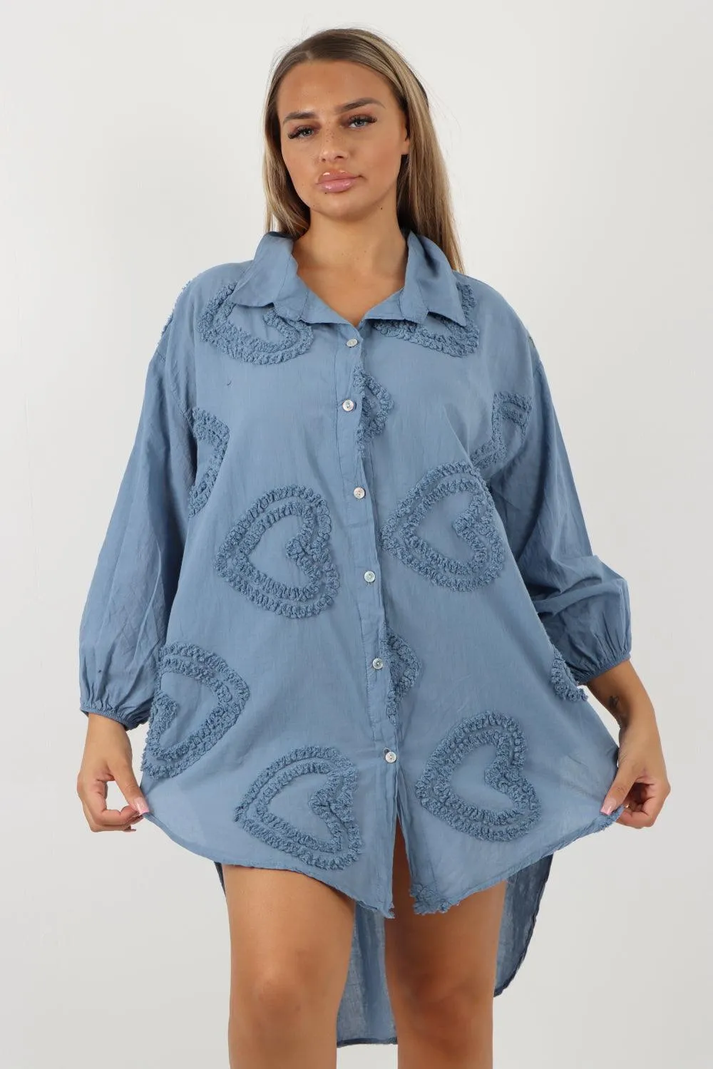 Multi Heart Print Dip Hem Button Down Cotton Shirt Dress