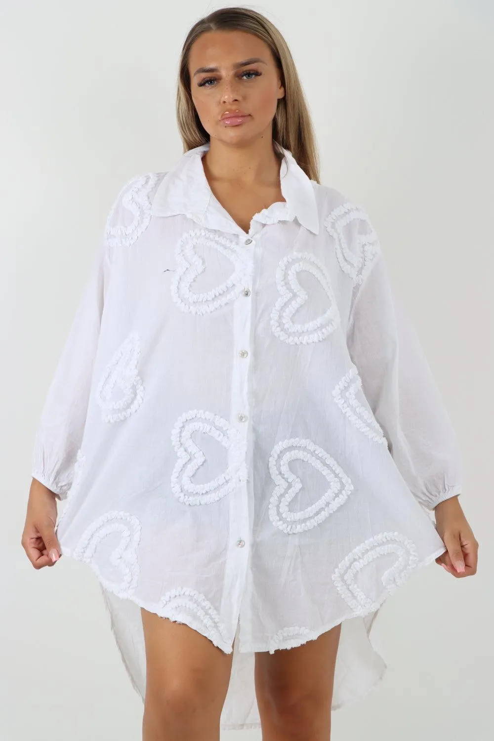 Multi Heart Print Dip Hem Button Down Cotton Shirt Dress