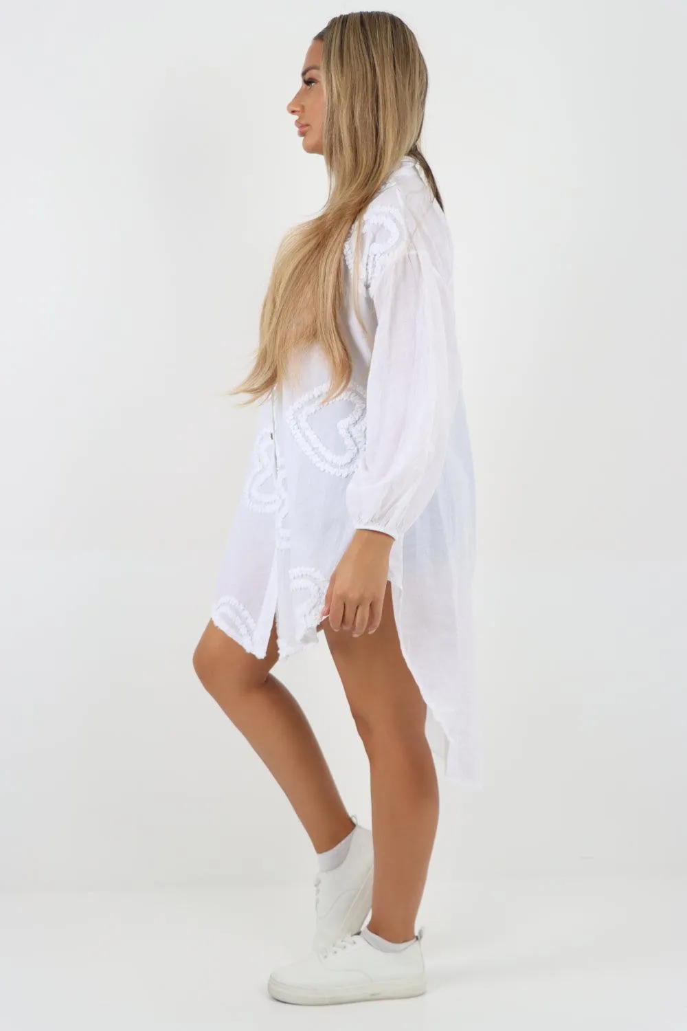 Multi Heart Print Dip Hem Button Down Cotton Shirt Dress