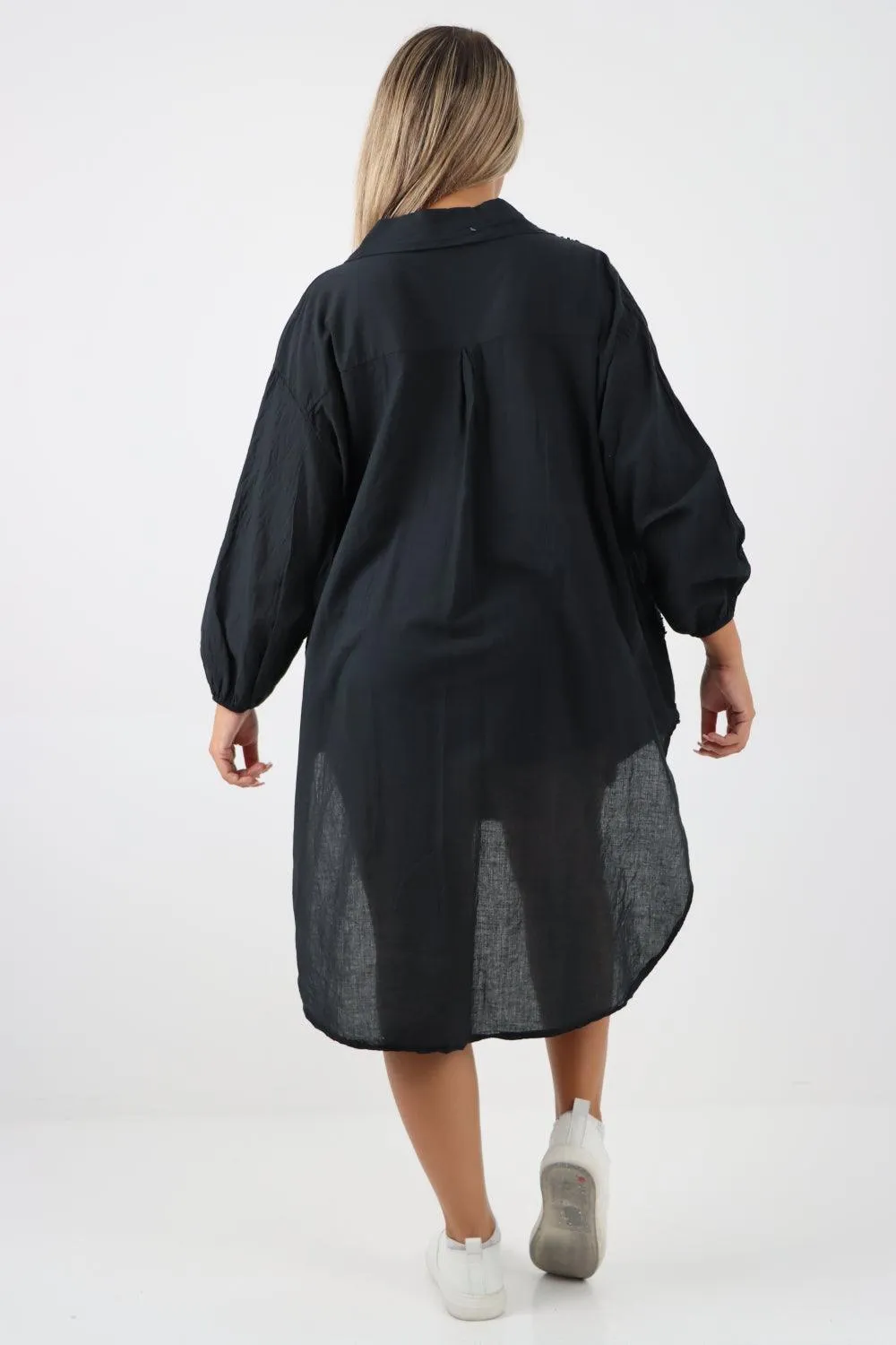 Multi Heart Print Dip Hem Button Down Cotton Shirt Dress