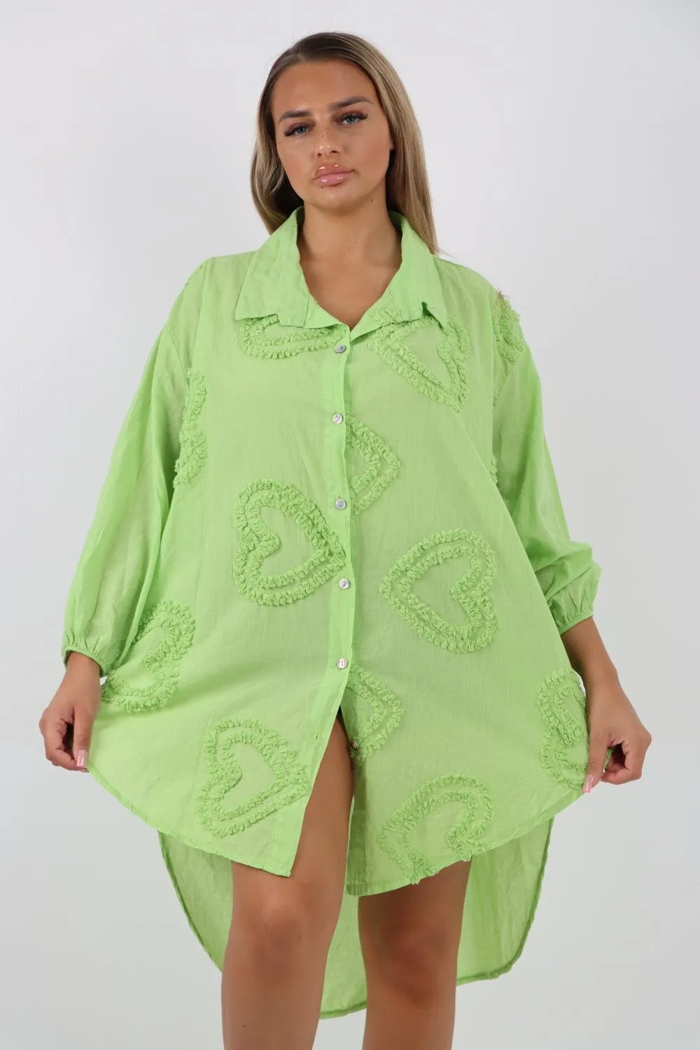 Multi Heart Print Dip Hem Button Down Cotton Shirt Dress
