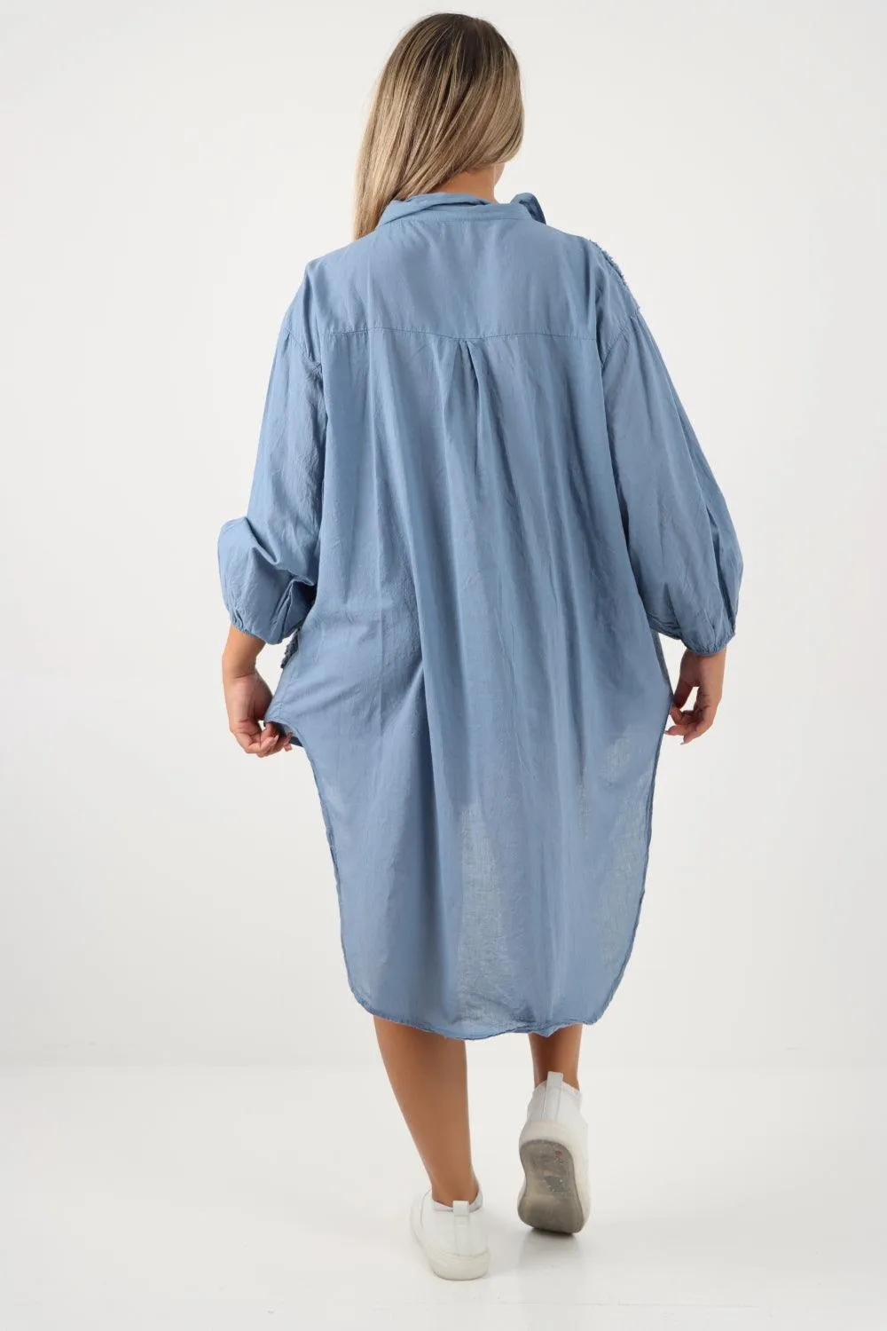 Multi Heart Print Dip Hem Button Down Cotton Shirt Dress