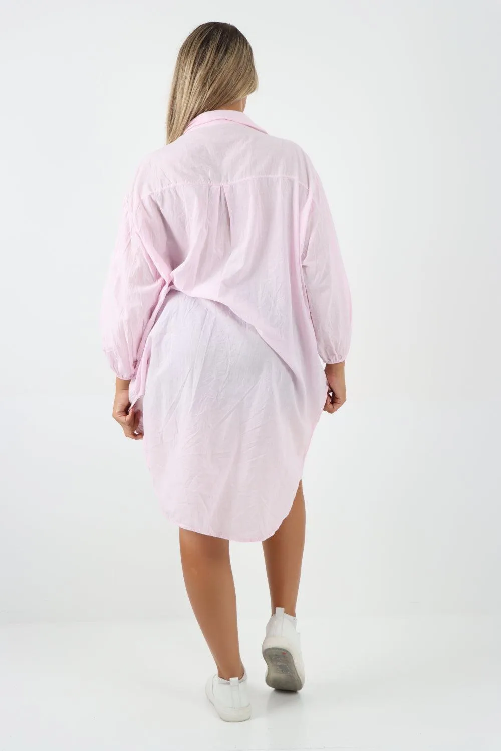 Multi Heart Print Dip Hem Button Down Cotton Shirt Dress