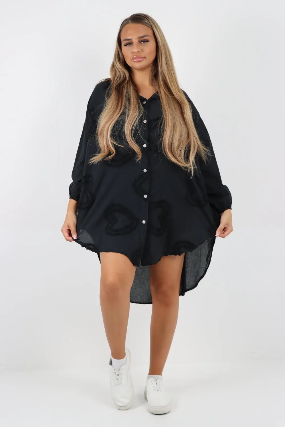 Multi Heart Print Dip Hem Button Down Cotton Shirt Dress