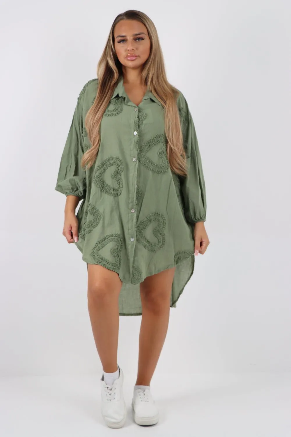 Multi Heart Print Dip Hem Button Down Cotton Shirt Dress