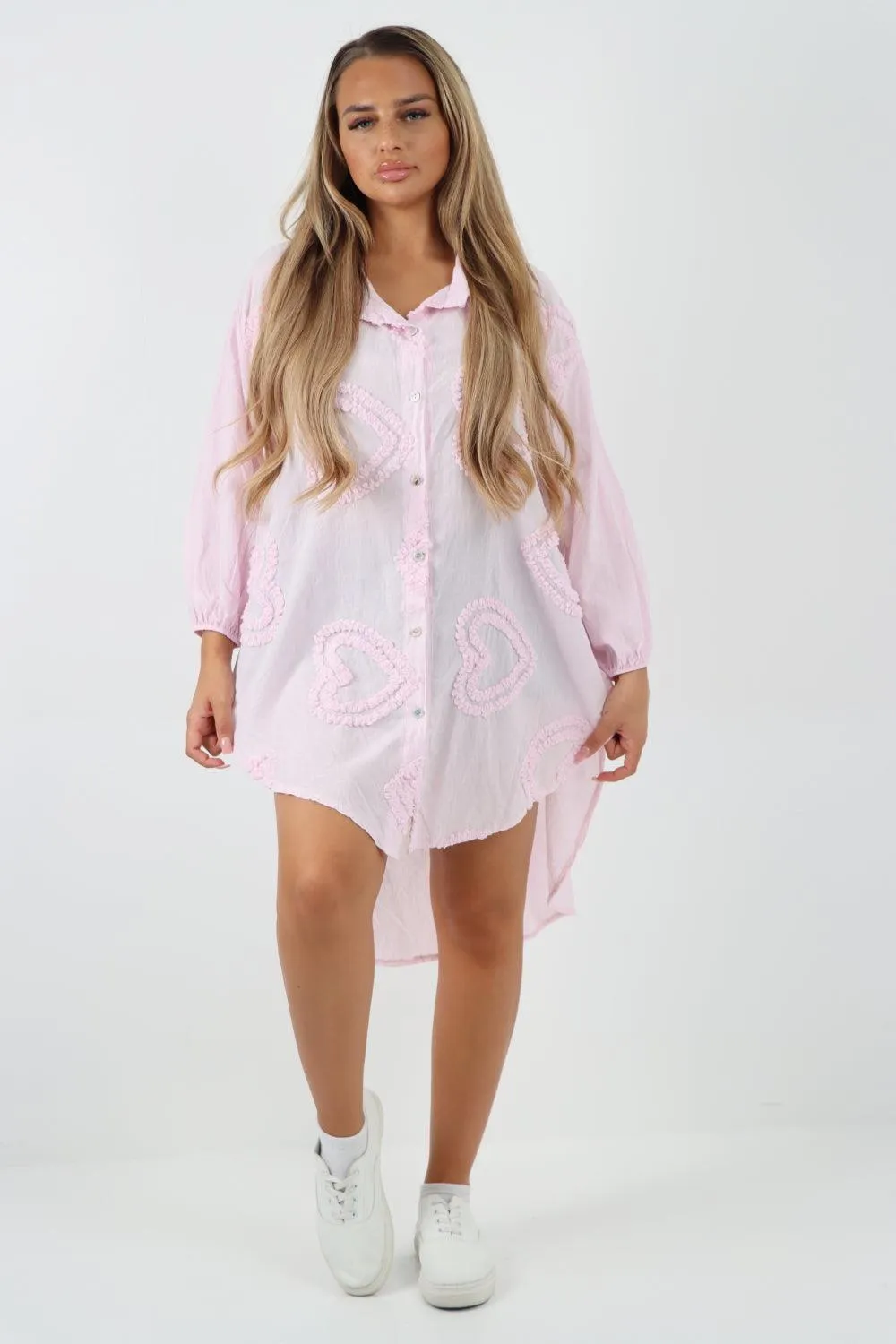 Multi Heart Print Dip Hem Button Down Cotton Shirt Dress