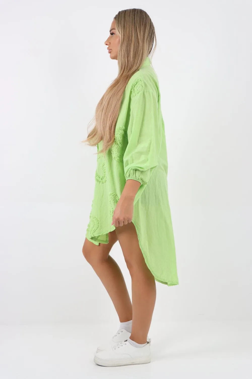 Multi Heart Print Dip Hem Button Down Cotton Shirt Dress