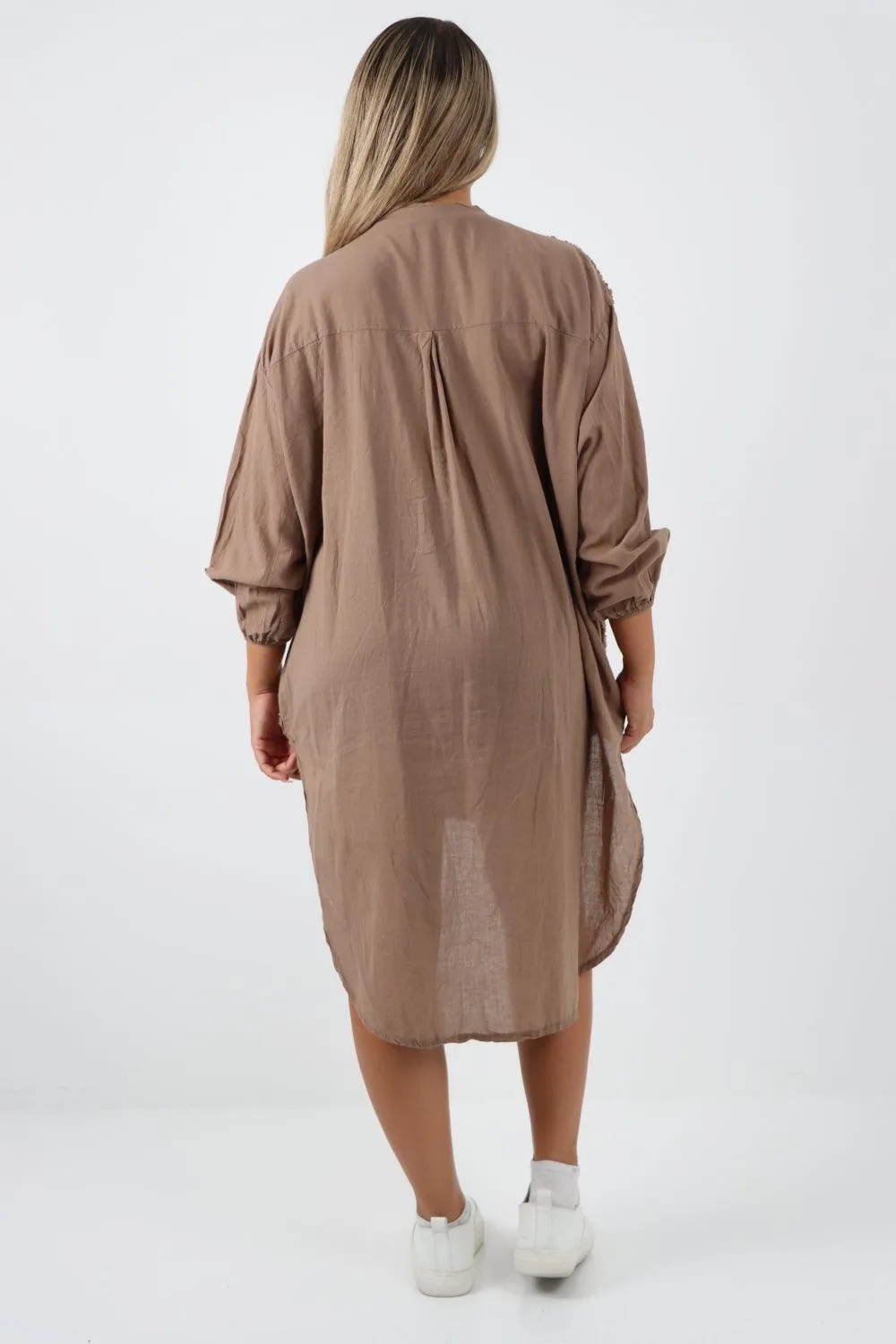 Multi Heart Print Dip Hem Button Down Cotton Shirt Dress