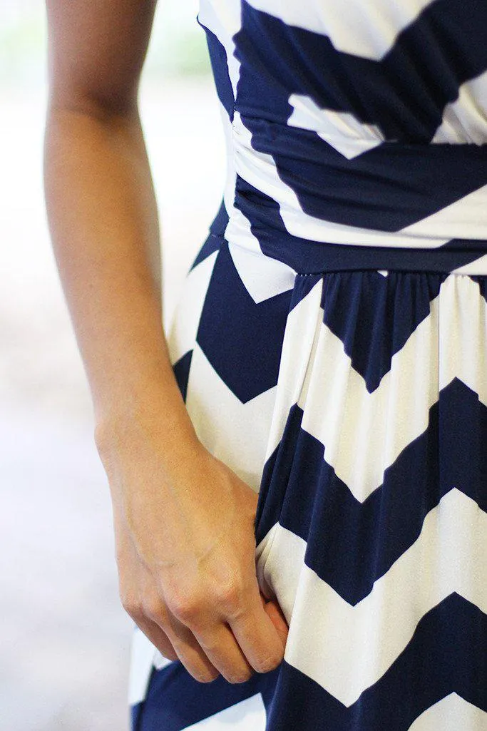 Navy Chevron Maxi Dress with Pockets