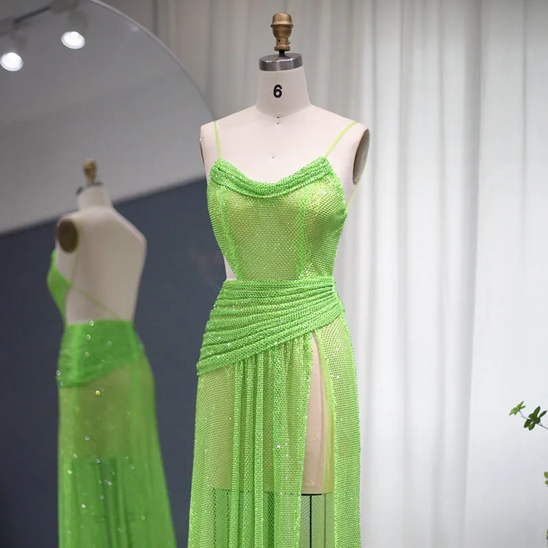 Neon Green Spaghetti High Slit Cocktail Party Dress RM025